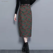 Новая мода зима шерсть Карандаш Длинные юбки с ремнем Высокая талия винтажный принт сплит женские шерстяные юбки женские