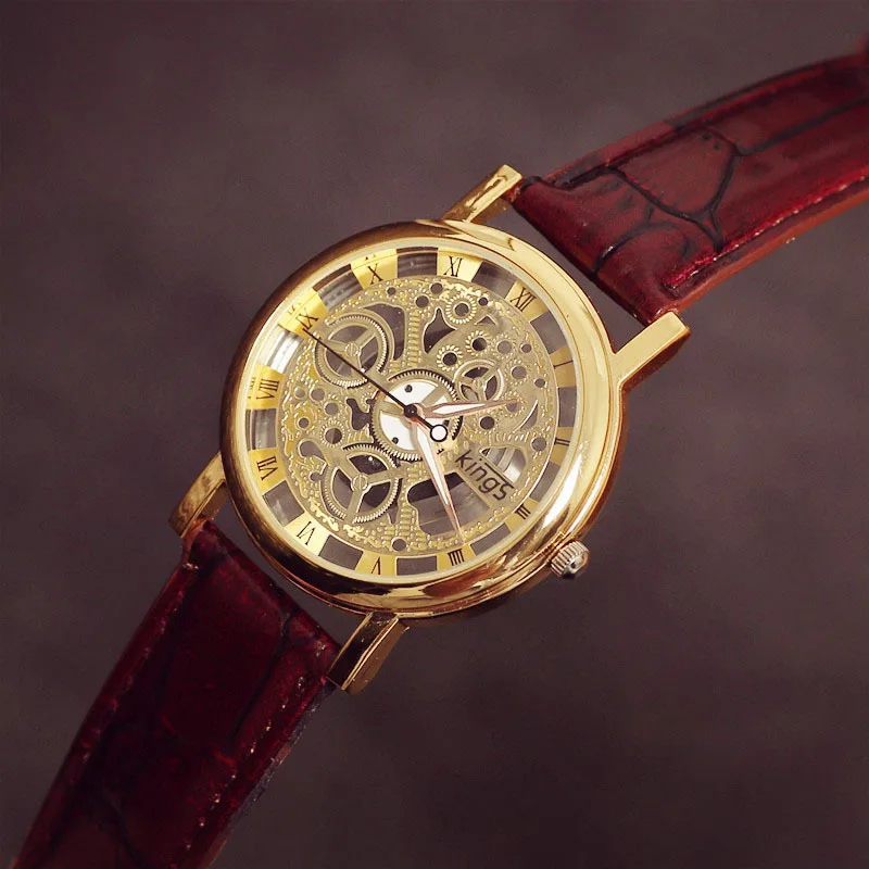 

2017 New brand men watch fashion hollow casual leather quartz watches silver Imitation machinery wrist watch relogio feminino