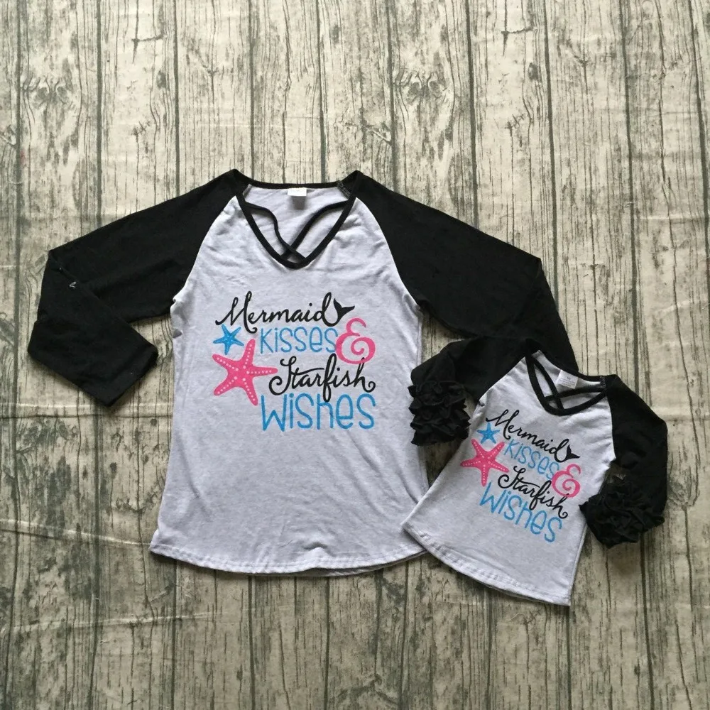 

baby girls boutique top t-shirt children clothes family look mommy cotton raglans mermaid kisses starfish wishes long sleeve