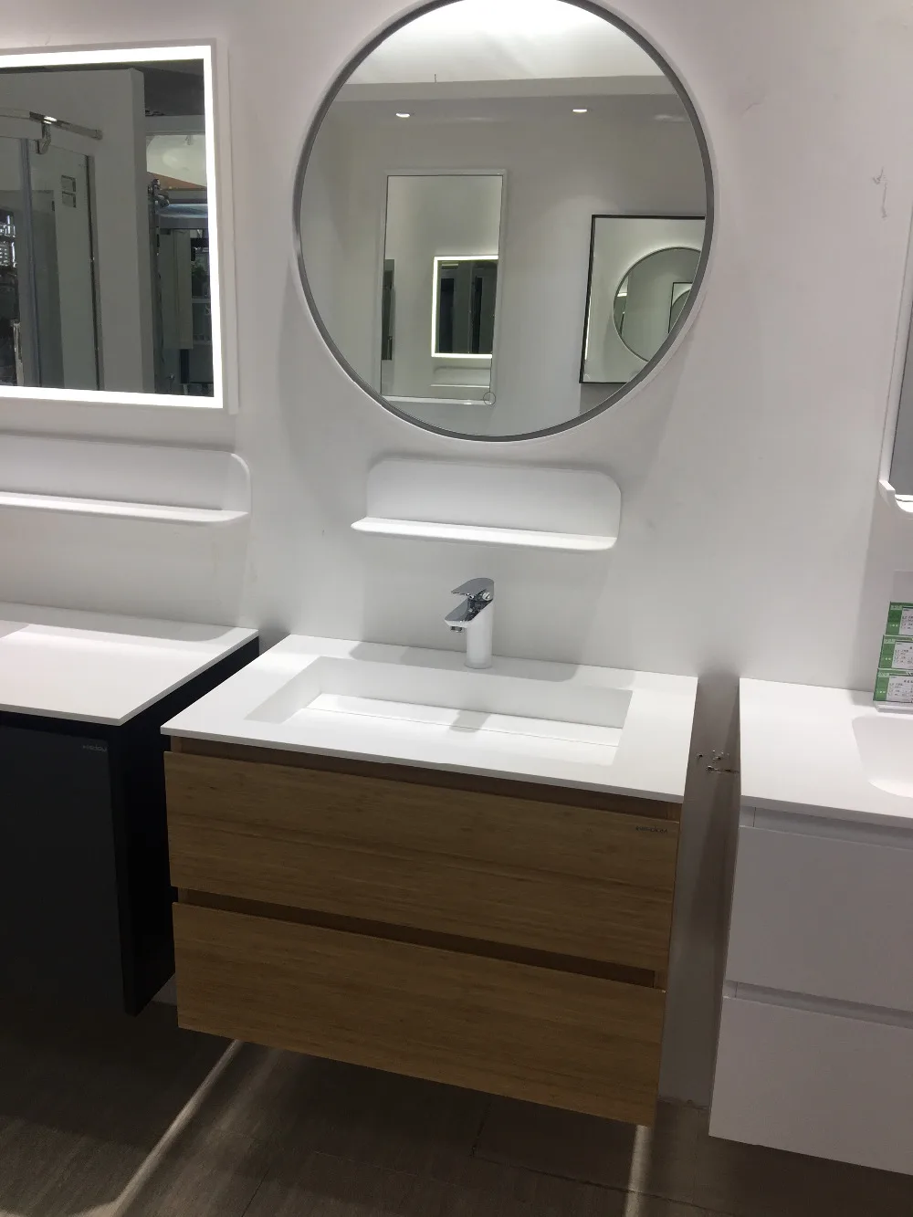 900mm Bathroom Bamboo Wall Mounted Vanity Solid Surface Washbasin Two