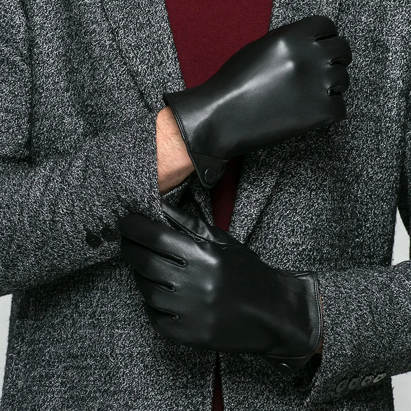 KLSS Brand Genuine Leather Men Gloves Autumn Winter Plus Velvet Thermal High Quality Goatskin Glove Business Casual J50