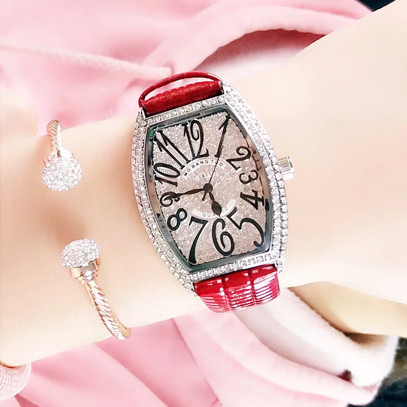 

Multicolor Digital Silver Shell Wine Barrel Ladies Watch Full Rhinestone Female Watch Square Leather Watch Fashion & Casual