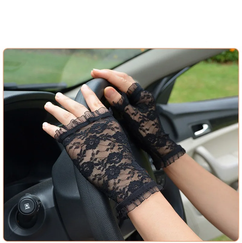 Модные сексуальные летние женские солнцезащитные короткие кружевные перчатки с открытыми пальцами, женские перчатки для вождения с розами без пальцев C8