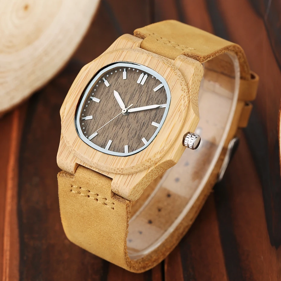 Men Women Wooden Watch Creative Round Shape Dial Light Wood Case Genuine Leather Band Bamboo Wood Clock Male Reloj de madera TOP 2017 (8)