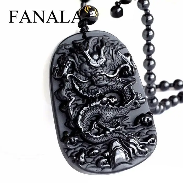 

FANALA Necklace Men Choker Hand-Carved Natural New Black Obsidian Dragon Necklace with Adjustable Rope