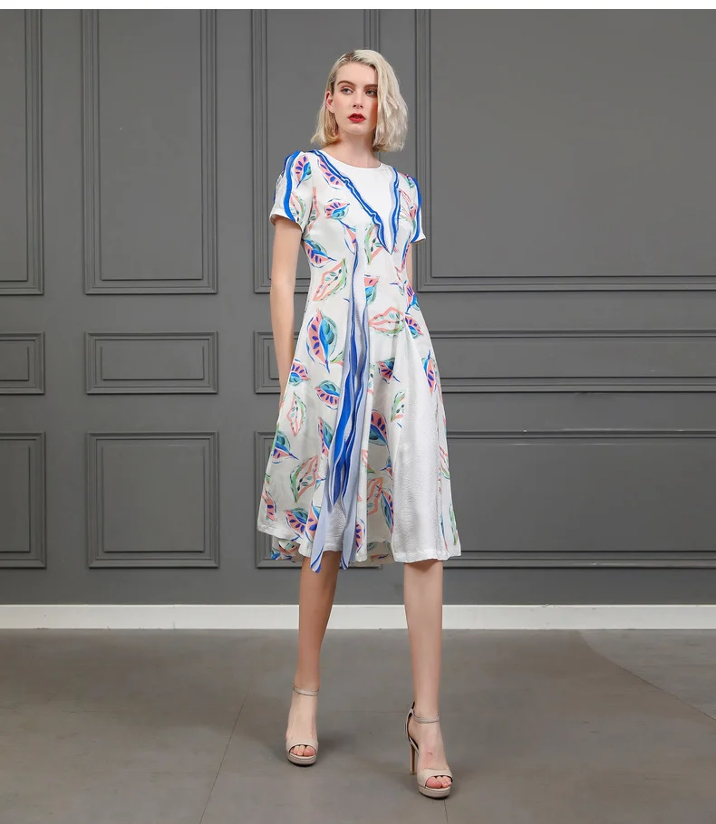 

VOA 100% Silk Summer Satin Dresses White Print Midi Dress Women Elegant vestidos Office Ladies Casual sukienki Spring A10059