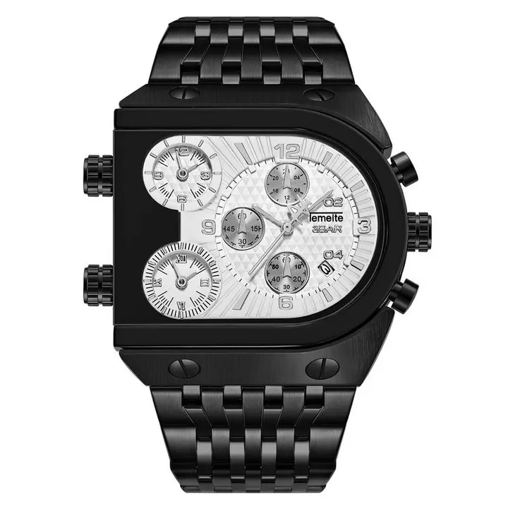 TEMEITE кварцевые мужские часы лучший бренд класса люкс золотые часы 3 часовых пояса Дата Нержавеющая сталь ремешок Военные негабаритные наручные часы - Цвет: BLACK WHITE