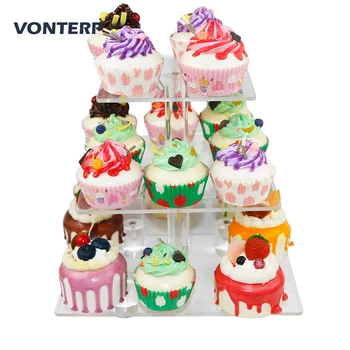 

HMROVOOM square 3 Tier Acrylic Cupcake Display Stand acrylic cake holder with base 3 Tier square(4" between 2 layers)
