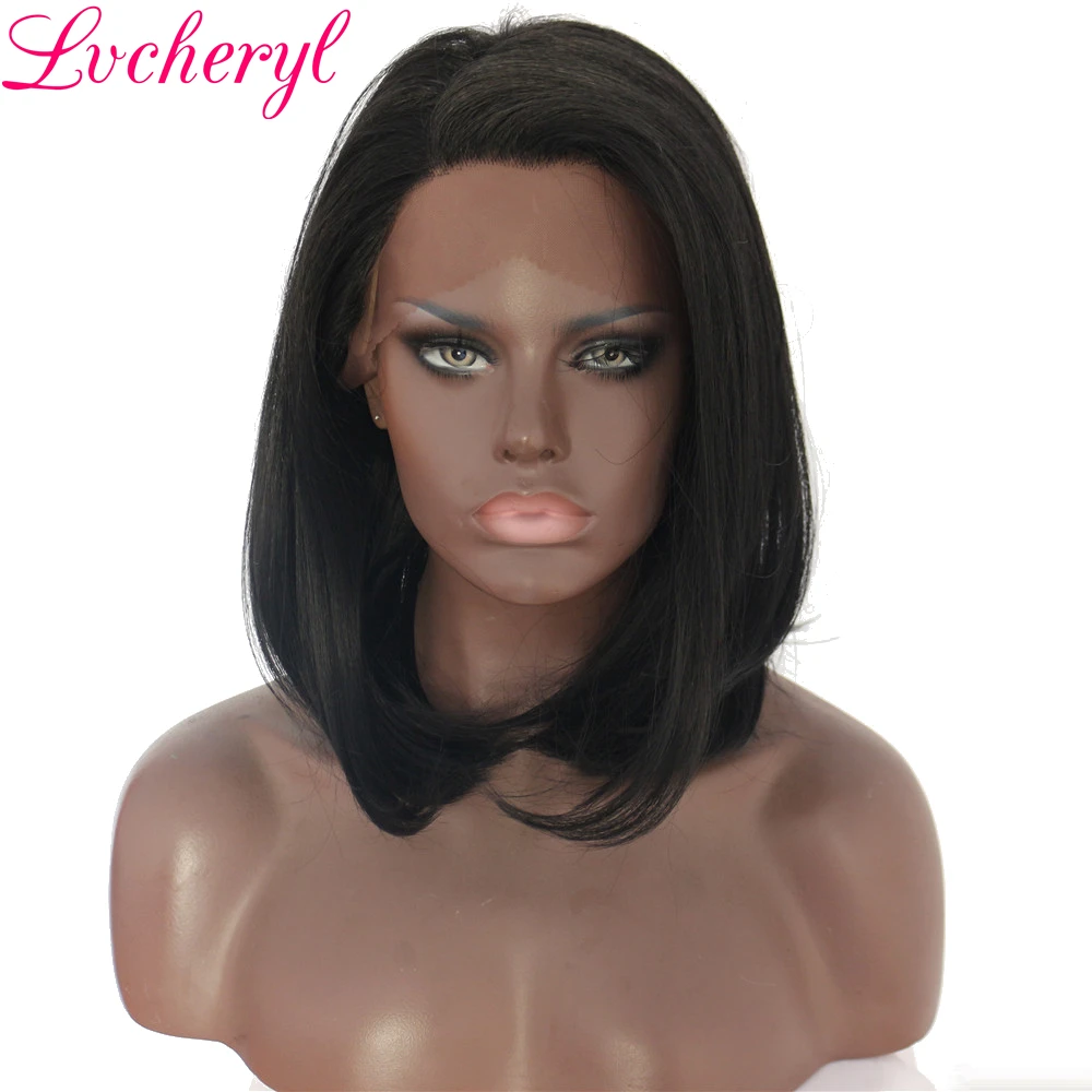 

Lvcheryl Short Bob Deep L Parting Space Heat Resistant Fiber Black Hair 150% Density Synthetic Lace Front Wigs for Women