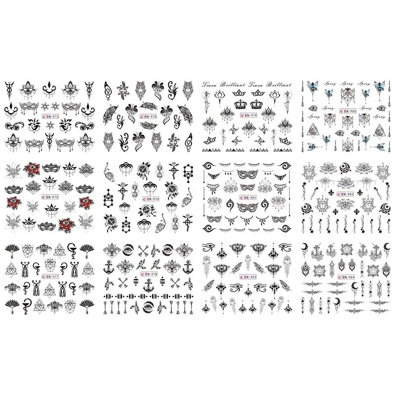 

12 Styles Nail Art Stickers Black Feather Arrow Mask Crown Nail Decals Vintage Nail Art Water Transfer Sticker Decals BN973-984