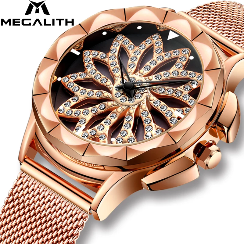 

MEGALITH Watch Women With Waterproof Analogue Rose Gold Quartz Wrist Watch Luxury Diamond Rotating Dial Ladies Relogio Feminino