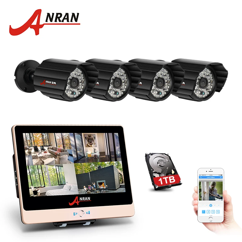 ANRAN Plug and Play P2P POE 4CH 1080P 12 Inch LCD Monitor NVR Home Security System 48 IR POE Outdoor CCTV IP Camera Hard Disk