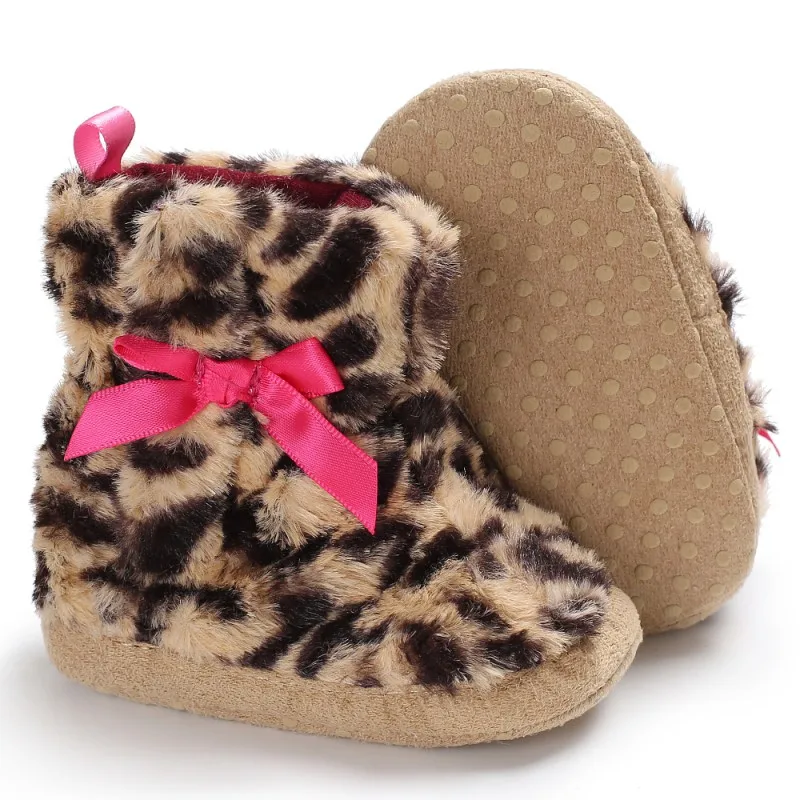 

Love Leopard Cute Bow Non-slip Baby Toddler Shoes Winter Warm First Walkers For 0-1Y Cute Girl Baby