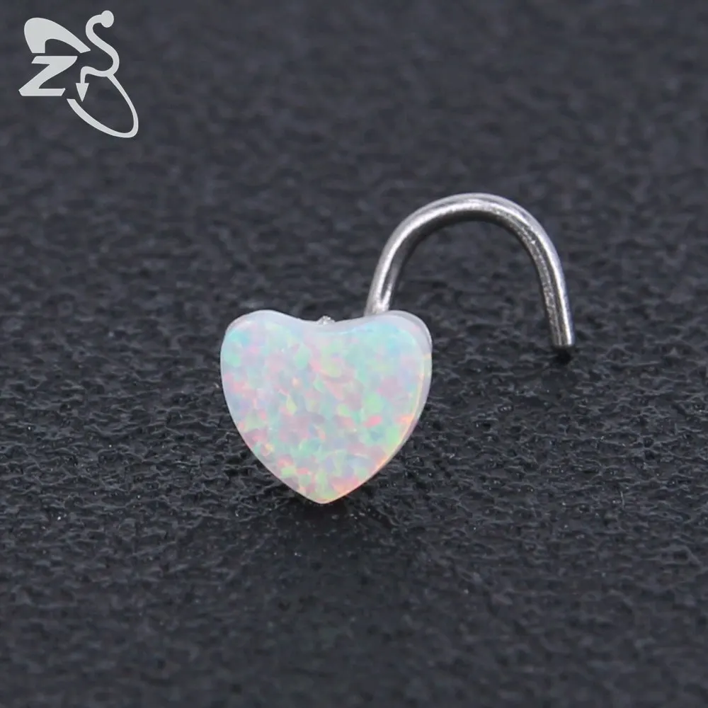 1pc white Опал пирсинг для носа сердце Nostril для пирсинга, из хирургической стали синий Опаловый камень пирсинг носа Nez кольца для сексуальных женщин девушек ювелирные изделия для тела - Окраска металла: 1pc white