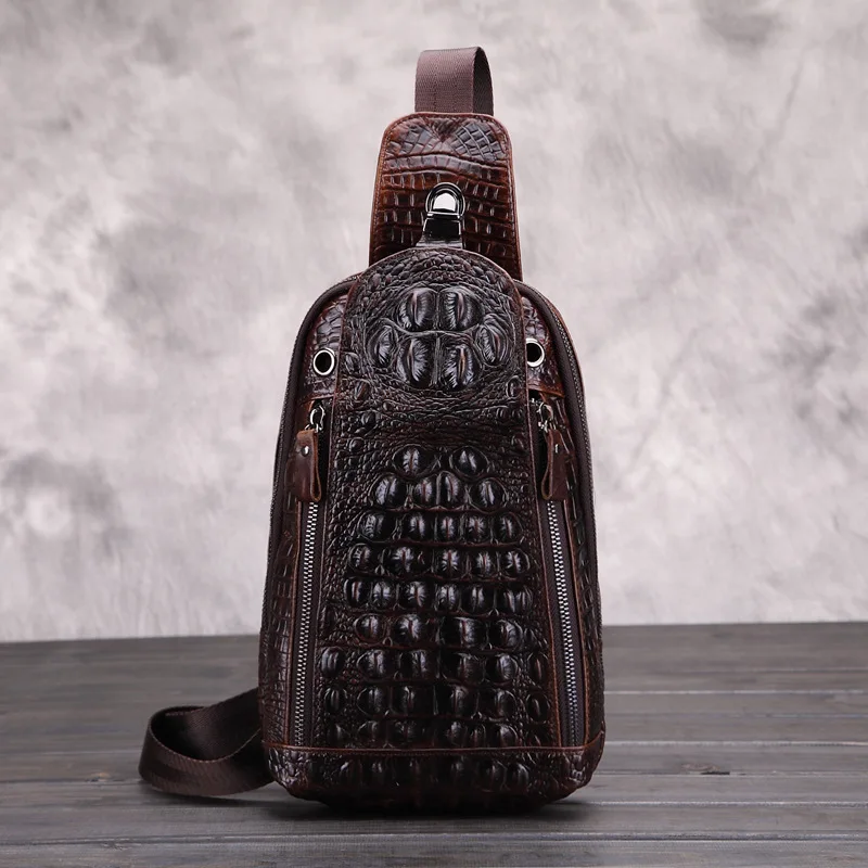 Best MEIGARDASS Crocodile Men Chest Pack Genuine Leather Shoulder Bags Travel Messenger Bag male Casual Chest Bags Crossbody Bag