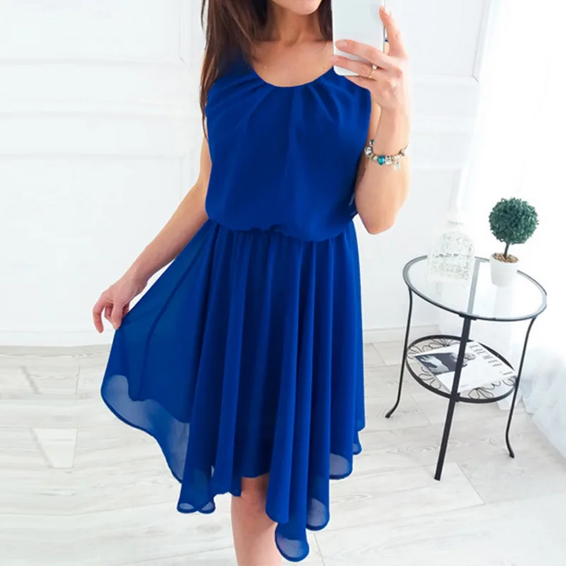 Женское пляжное платье, женское летнее платье без рукавов, шифоновые женские платья, летняя стильная женская одежда размера плюс - Цвет: Синий