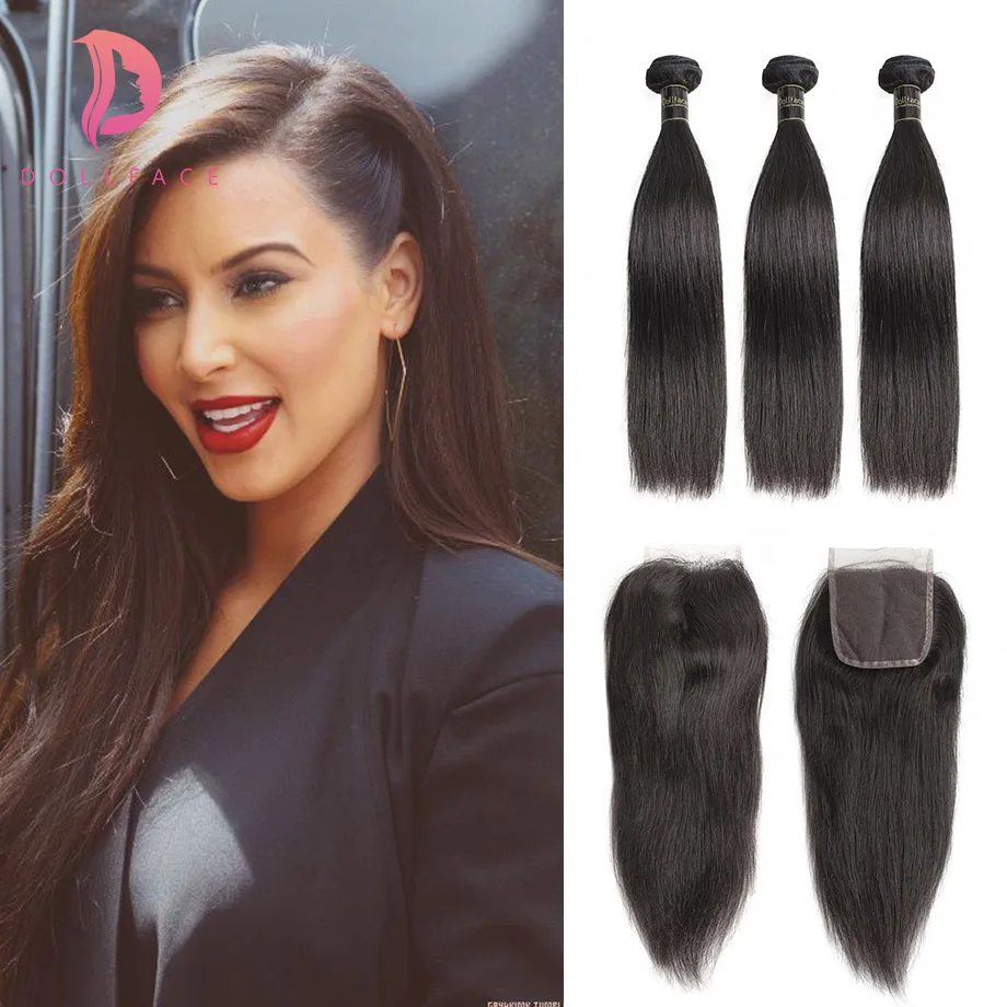 Dollface Indian Straight Human Hair Bundles with Closure 3 virgin Hair Bundles with Closure Hair