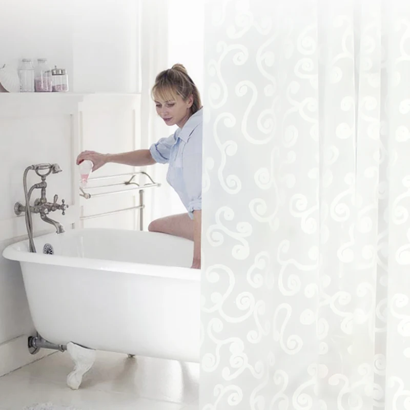 ﻿Buy Simple Bath Curtain White Geometric Printed Protection PEVA Shower