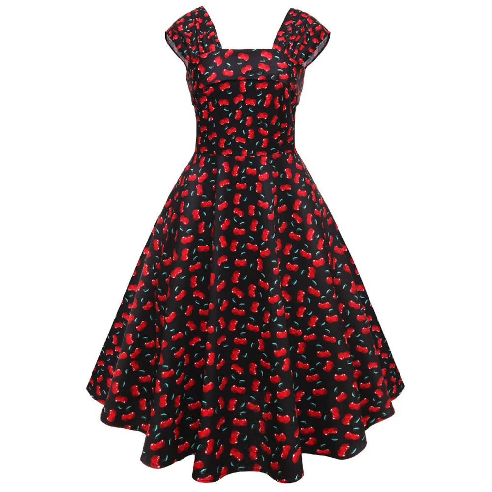 

Joineles Fruit Print Floral Women Retro Dress 1960s Square Collar Sleeveless Summer Vintage Dress Vestidos De Festa Robe Dresses