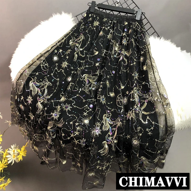 

New Spring and Summer Star Sky Embroidered Mesh Skirt Luxury Lady Girls High Waist Long A Line Skirts