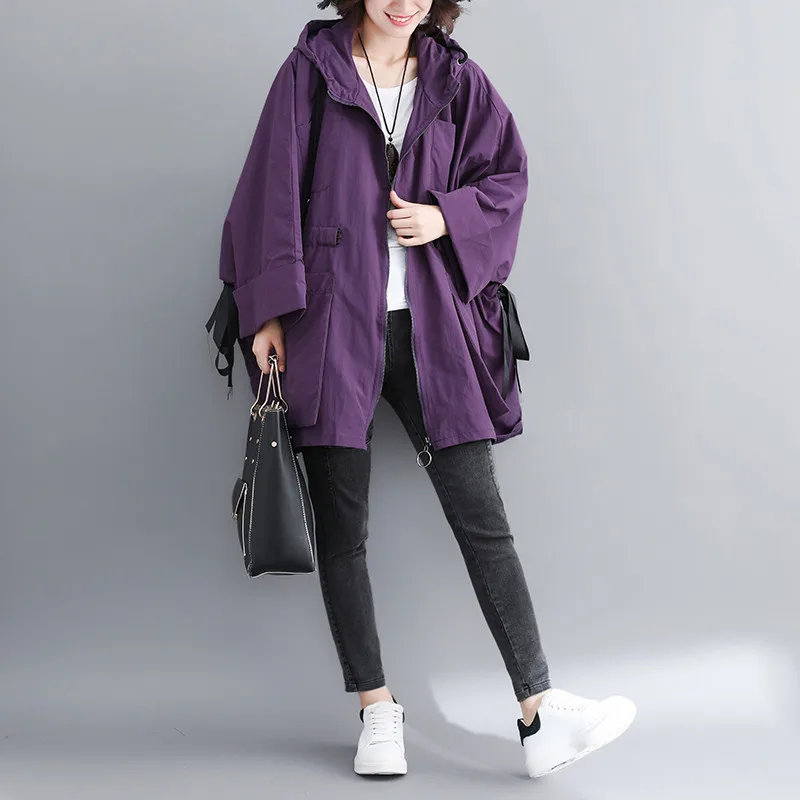 Большой размер 4XL, осенняя Женская корейская модная верхняя одежда на завязках, топы для девушек, женщин, плюс размер, длинный рукав, Свободный плащ с капюшоном - Цвет: Фиолетовый