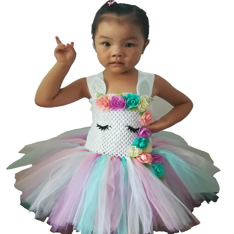 Girls Unicorn Flowers Tutu Dress With Headband Cotton Lining Matching Horn Hair Hoop Set for Kids Birthday Theme Party Dress