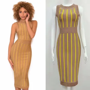 

2017 Long Khaki Women Striped Dress Sleeveless Midi Elegant Bodycon Bandage Dresses Summer Evening Party Wear
