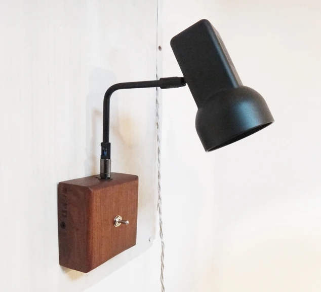 Nordic IKEA simple creative style vintage loft retro black iron wall lamp wood base to decorate the bedside