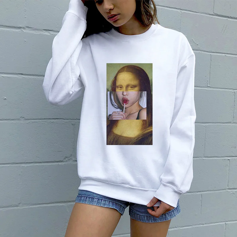 

2019 New Fashion Women White Hoodies Funny Pulp Fiction Print Long Sleeve Sweatshirt O-neck Cartoon Spoof Casual Harajuku Hoodie