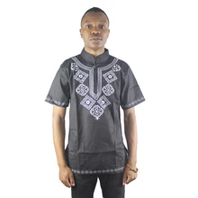 Africa Black Ethnic Embroidered Men`s Dashiki Tops Mandarin Neck Side Slit Folk Shirts for Summer Wearing embroidered high low slit side blouse