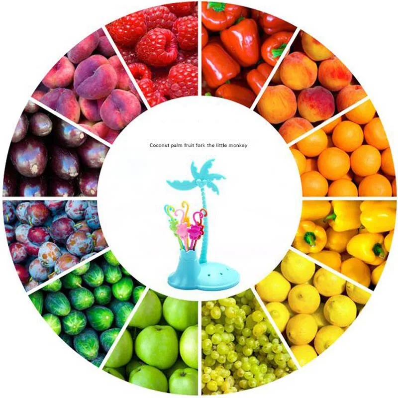 FHEAL Cute Coconut Tree Monkeys Creative Fruit Fork Set Plastic Fruit Forks Vegetable Fruit Dessert Fork Set Toothpick Holder (9)