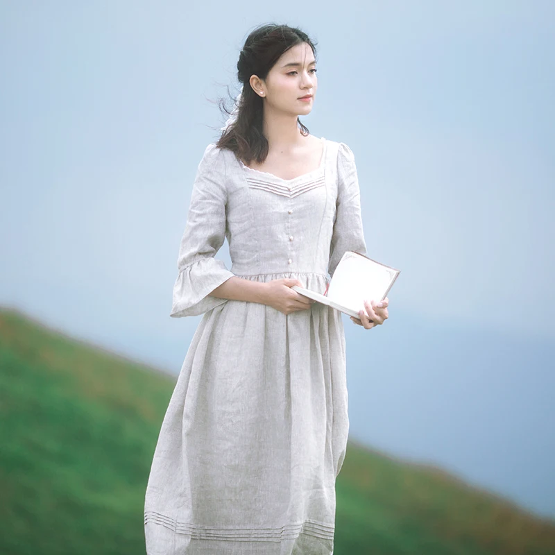 

LYNETTE'S CHINOISERIE Spring Autumn Original Design Women Vintage Royal Style Slim Waist Linen Dresses