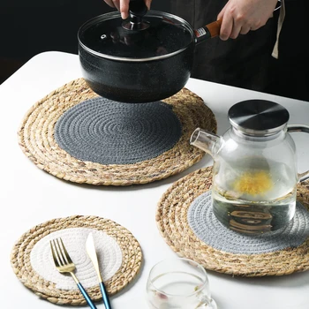 

DUNXDECO Table Placemat Pot Cup Mat Set Round Nature Linen Weaver Cotton Thread Hot Insulation Pad Modern Simple Rustic Mesa Dec