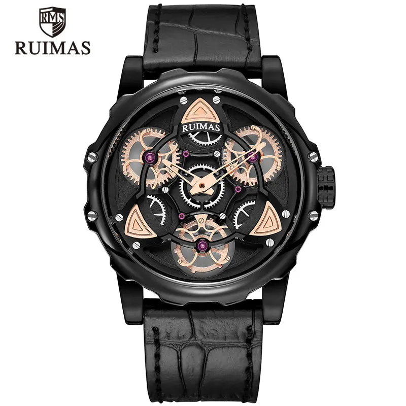 

RUIMAS Men Watch Creative Wristwatch Gentleman Clock Rotate Black Leather Band Wristwatches Clock Relogio Masculino erkek kol