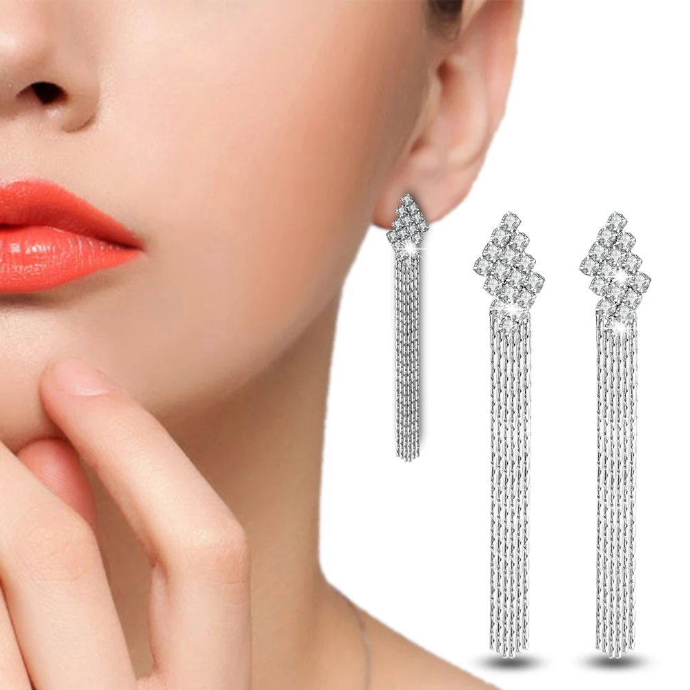 ECODAY Long Tassel Earring Shining Crystal Stud Earrings for Women