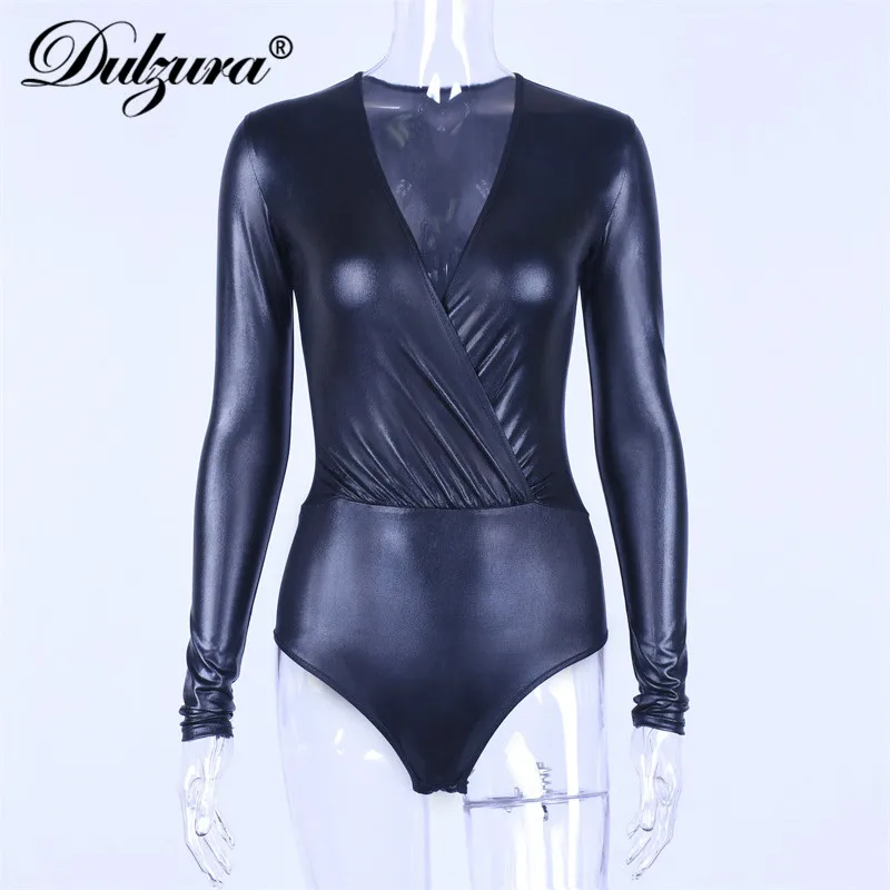 Dulzura women bodysuit v neck splice sexy 2018 autumn winter bright black fashion body female Christmas long sleeve smocking new