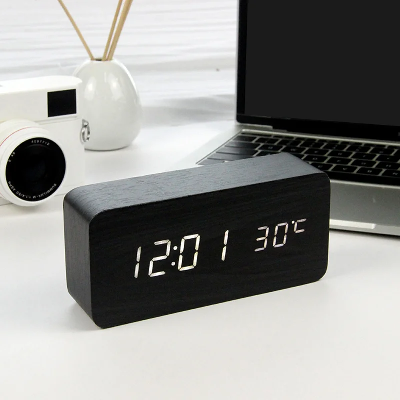 

Multicolor Sounds Control Wooden Clock New Digital LED Desk Alarm Clock Thermometer Timer Calendar Table Decor cute alarm clock
