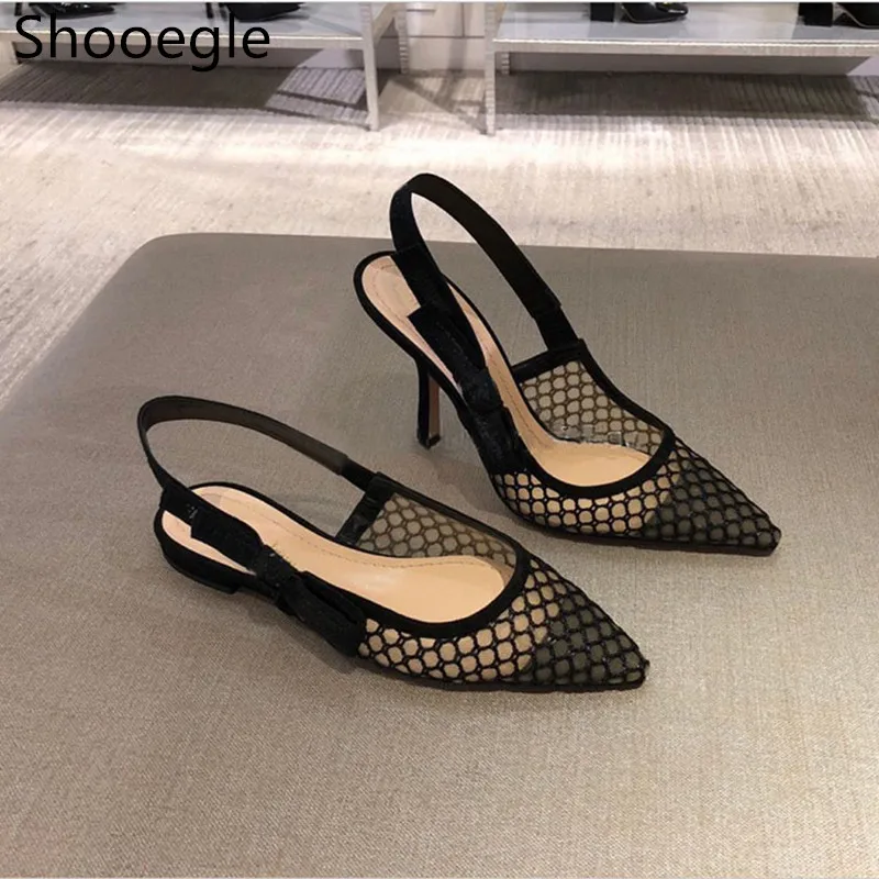 

Black Women Breathable Hollow Out Mesh Sandals Pointed Toe Summer Cages Ballerina Sandals high heel and flat for choose