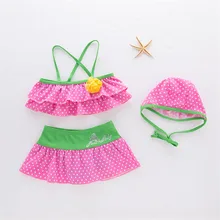 Летний купальный костюм для маленьких девочек с цветочным узором в горошек+ юбка+ шляпа, комплект из 3 предметов, детские галстуки купальник с ремешками