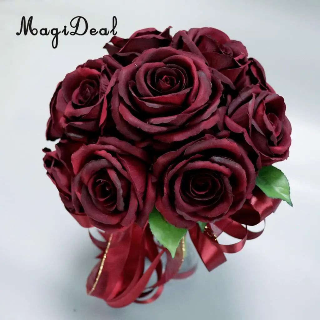 MagiDeal Romantic Rose Flower Wedding Bridal Bouquet Hand Holding Flower Wine Red