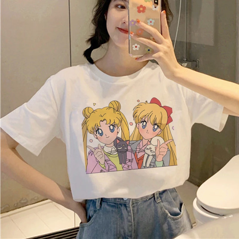 Sailor Moon Harajuku Ullzang, женские футболки, корейский стиль, футболка 90 s, графическая, милая, эстетическая футболка, забавные, кавайные, женские футболки