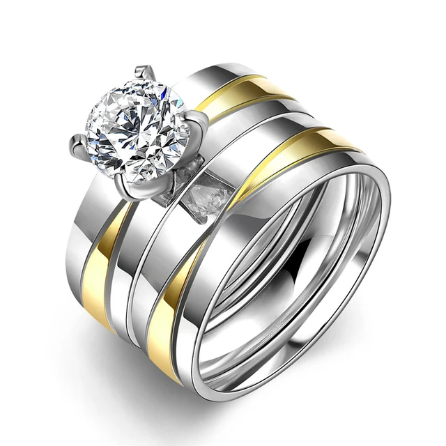 Women 2pcs 1set Anium Steel Golden Marriage Engagement Rings Anel Women 2pcs 1set Anium Steel Golden Marriage Engagement Rings Anel De Ouro Lotes Al Por