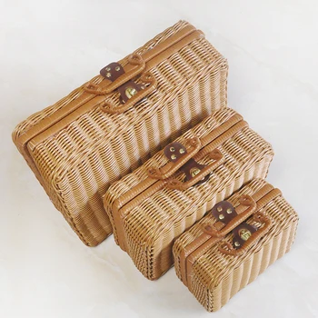 

Men Women Retro Artificial Cane Knitting Suitcases with Lock Unisex Travelling Luggage no Wheels Portable Prop Box Picnic Basket