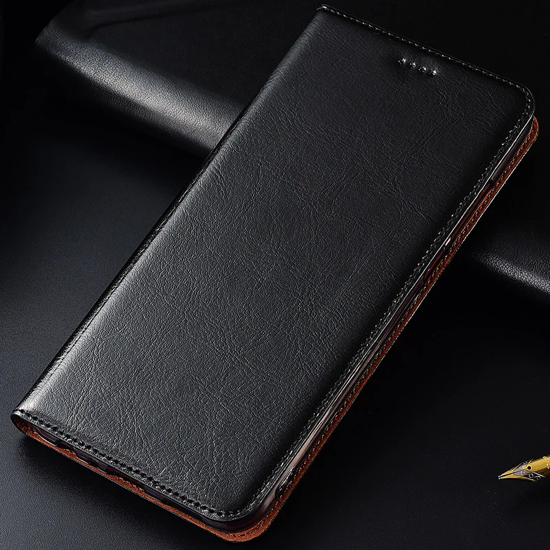 Чехол из натуральной коровьей кожи для Xiaomi Redmi 4 Pro 4A 4X5 5A 6 6A 7 Pro Plus, Магнитный чехол с подставкой и откидной крышкой для телефона - Цвет: Черный