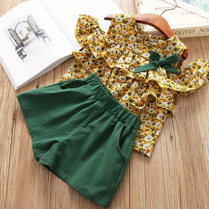

Girls Clothing Sets Summer New Girl Dandelion Chiffon Cake Off Shoulder Shirt Top + Cotton Shorts Two Piece Sets 40