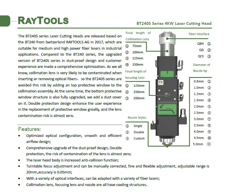 Raytools BT240S волоконная Лазерная режущая головка для лазерной резки высокая производительность 1000 Вт-3000 Вт