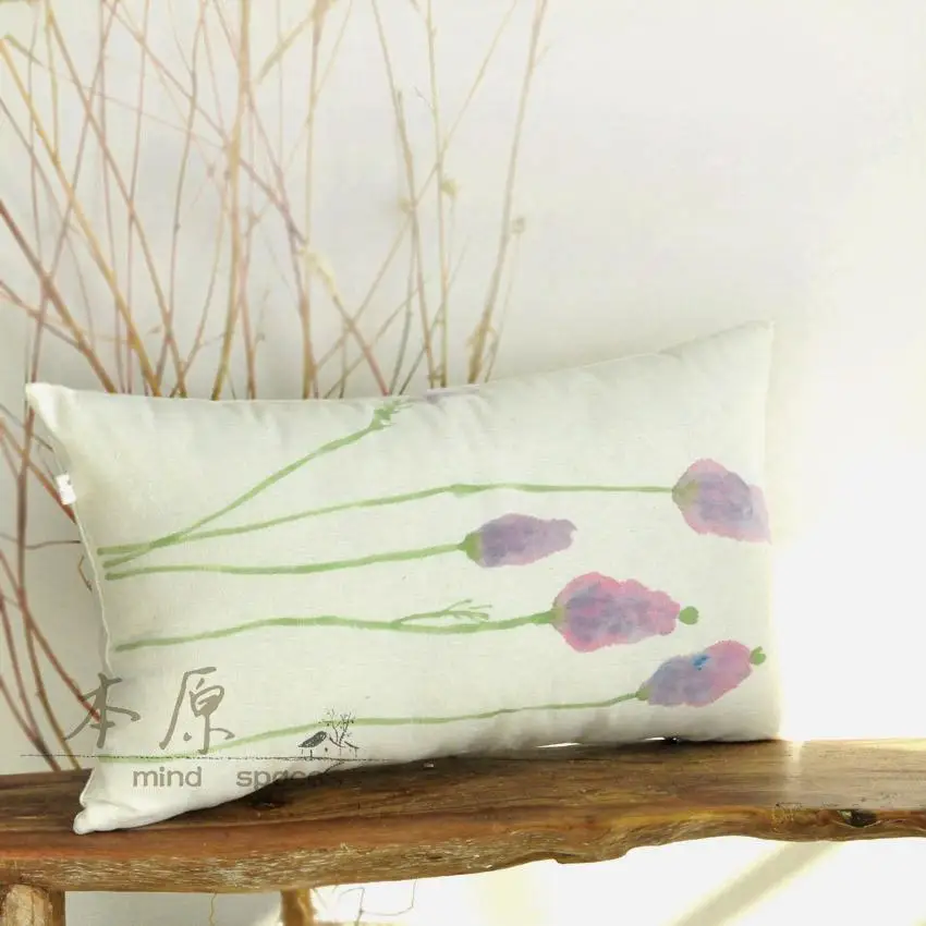 Primitive Hand Painted Linen Lavender Lumbar Pillow Cushion Primitive Hand Painted Linen Lavender Lumbar Pillow Cushion Containing Core Spring Garden