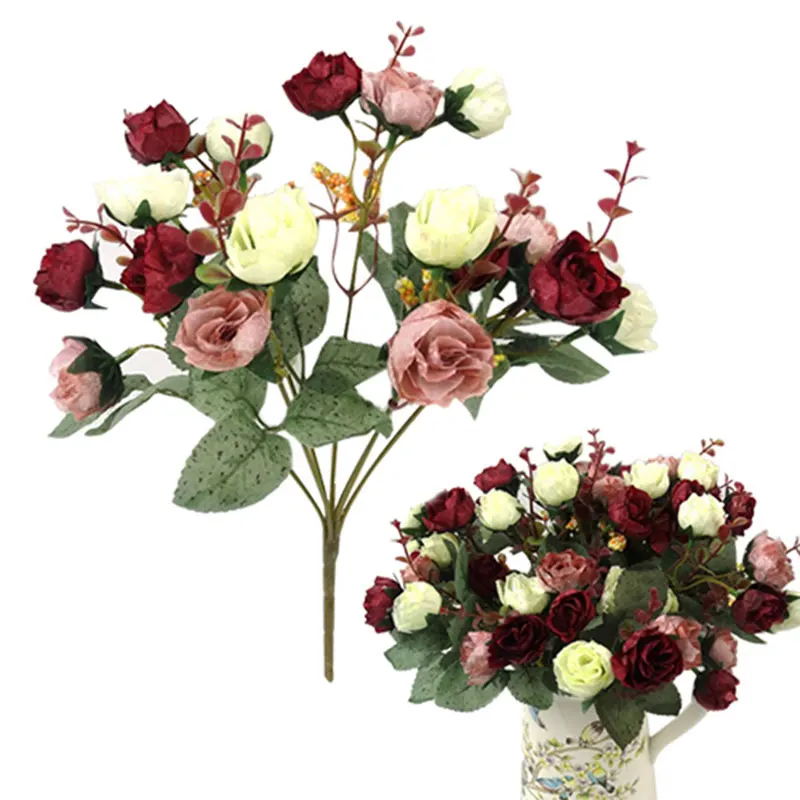 1Bunch Fresh Artificial Rose Flowers 21 Heads Romantic DIY Fake Silk Floral for Wedding Party Home Decoration