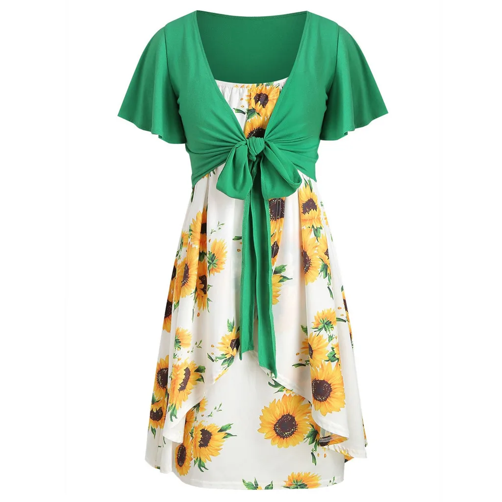 

feitong Fashion Dress Women 2019 Summer Sexy Women Short Sleeve Bow Knot Bandage Top Sunflower Print Yellow Dress Suits #4