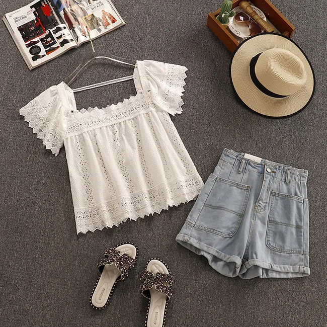 Short suit 2019 new summer lace square collar short-sleeved shirt + denim wide-leg pants shorts two-piece suit women